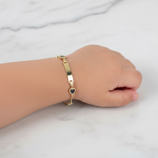 14K YG Baby Roll-on Name Plate With Black Heart Bracelet / 2.6gr / 2mm / 6in /