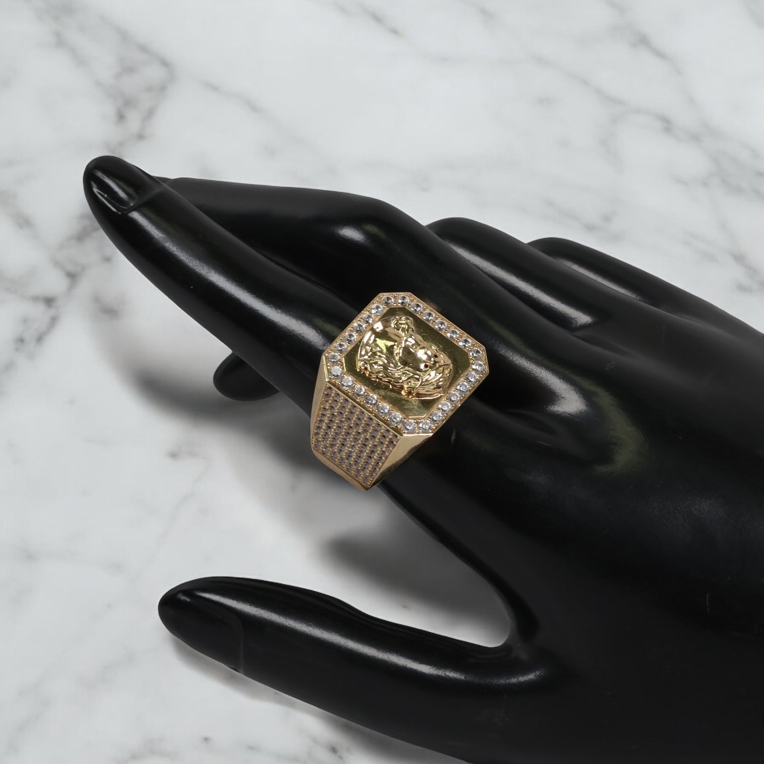 14K YG Jesus Face Rings / 8.5gr / Sz 10 / White Zircons