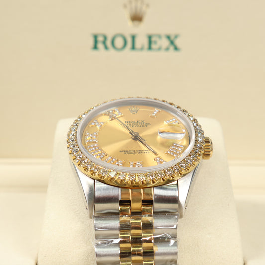 Rolex Datejust Champagne Dia Dial - Diamond Bezel Two Tone Ref 16013 Watch / 36mm /