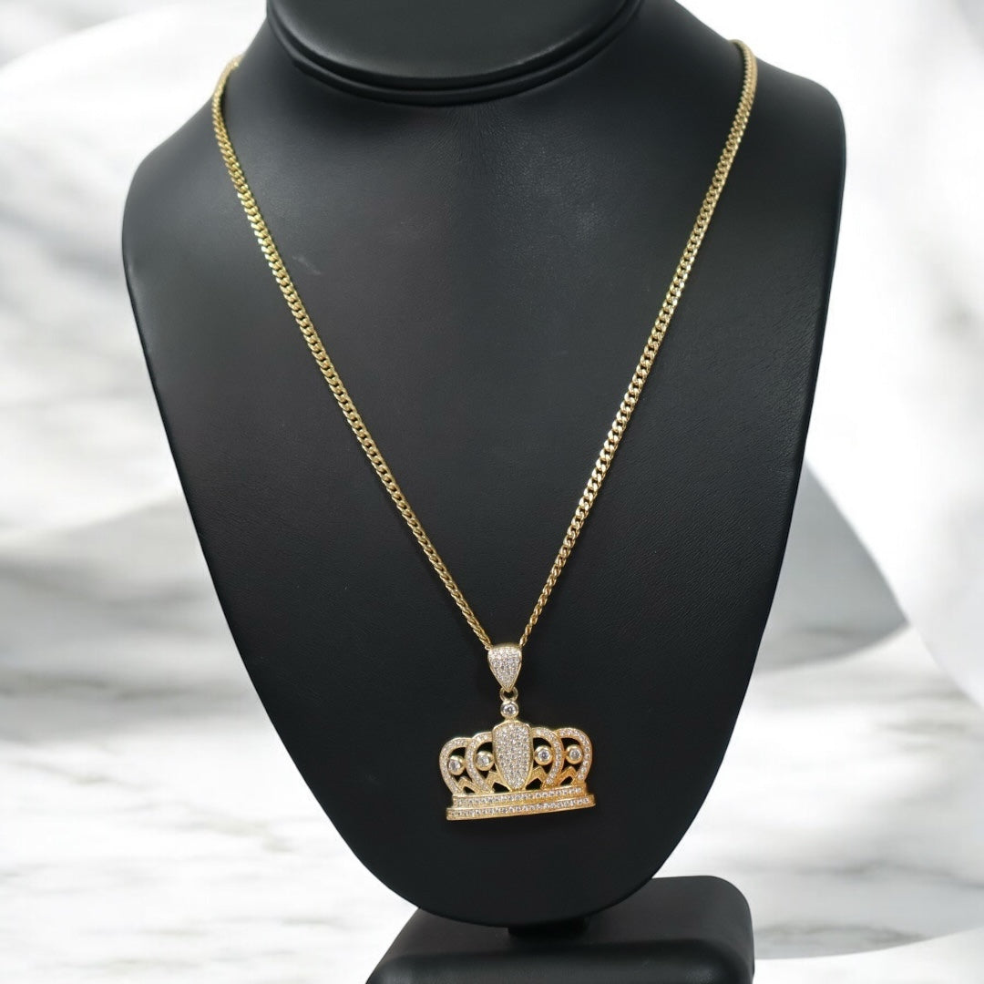 14K YG Crown / Cuban Link Chain Set Jewelry / 14.2Gr / 3mm / 22in /