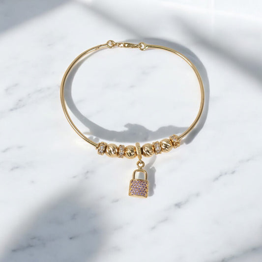 18K Yellow Gold Pd Padlock Military Balls Diamond Cut Bracelet With Lila-White Zircons / 8.8gr / 6mm