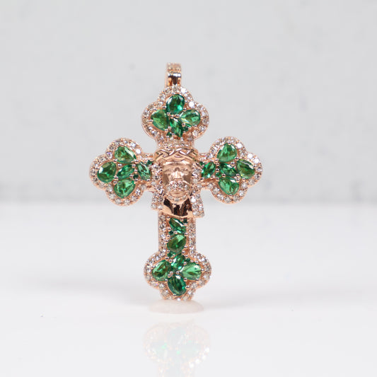 10K RG Diamond Cross - Jesus Face With Emerald Pendant / 9.1gr / 1.7in / D-1.05Ct / E-2.10