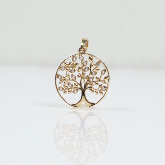 14K YG Round Tree Of Life Pendant / 1.5gr / 1in / White Zircons