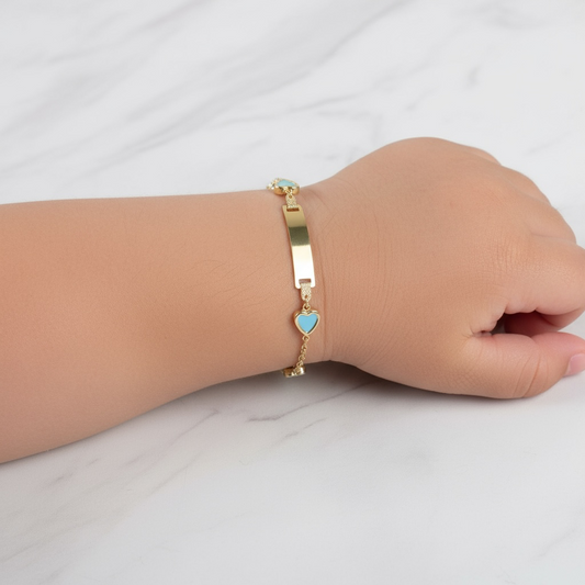 14K YG Baby Roll-on Name Plate With Sky Blue Heart Bracelet / 2.58gr / 2mm / 6in /