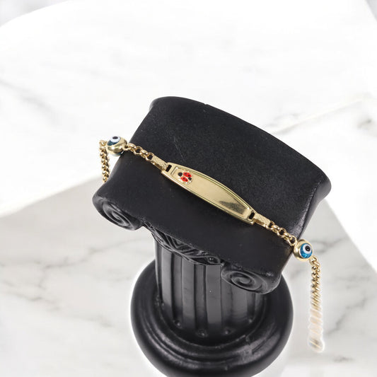 14K Yellow Gold Baby Name Evil Eye Id Roll-On Bracelet With Blue Zircons / 2.8gr / 3mm / 6in