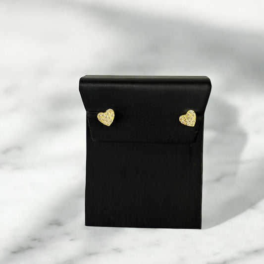 18K Yellow Gold Plane Heart Stud Earrings With Zircons / 0.92gr / 5mm