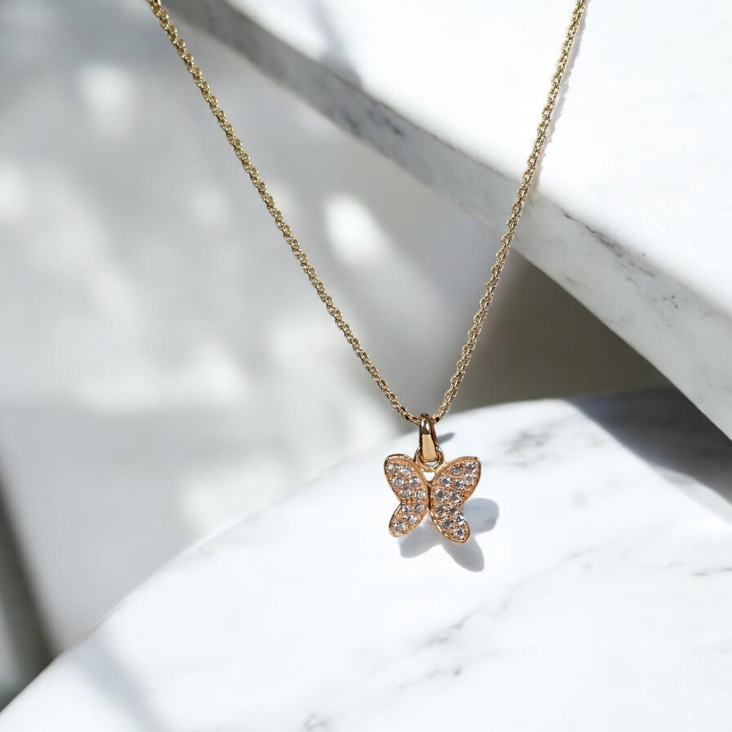 18K YG Butterfly Set Jewelry / 4.9gr / 1.6mm / 17in / Zircons