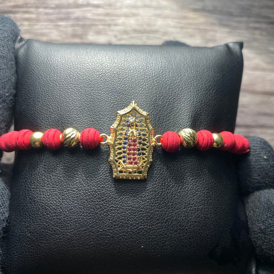 18K Yellow Gold Tejida Virgin Of Guadalupe Bracelet With Blue/Fucshia Zircons-Adjustable / 4.05gr