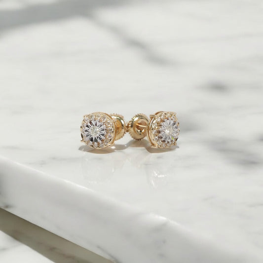 14K YG Diamond Circle Luxury Stud Earrings / 2.1gr / 8mm / 0.55Ct Dia