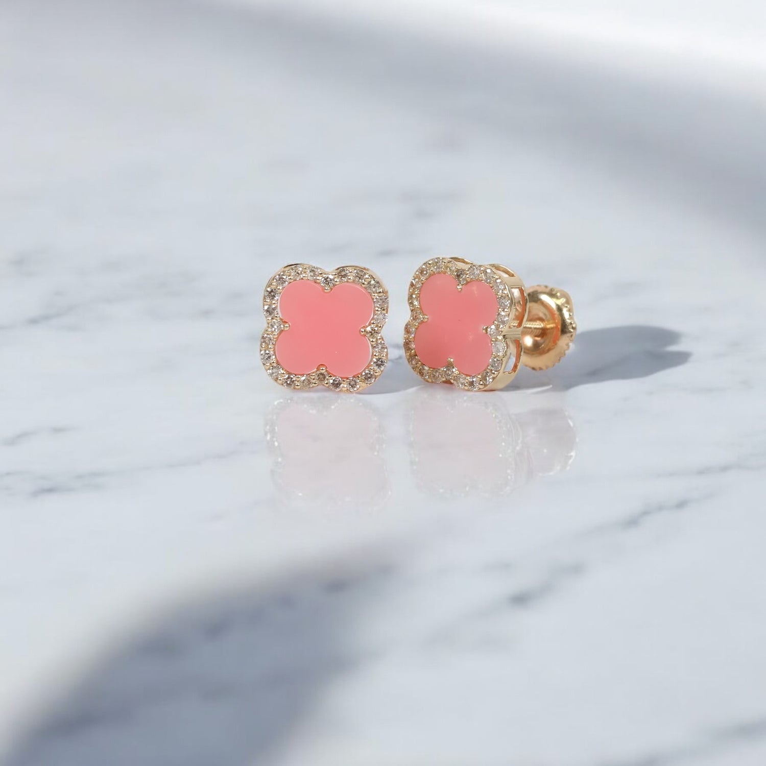 14K YG Pink Clover Stud Earrings / 1.55gr / 10mm  / 0.47Ct Dia