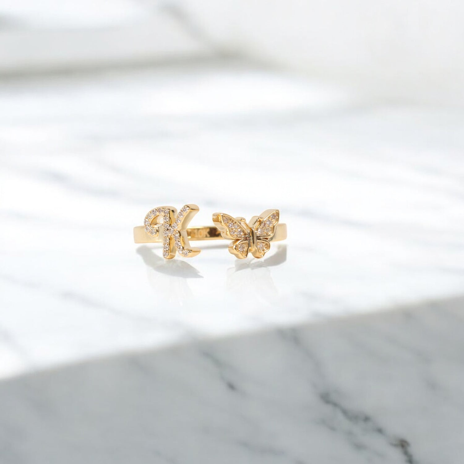 10K YG Diamond Butterfly - Letter K Rings / 2.25gr / Sz 7 / 0.09Wt Dia