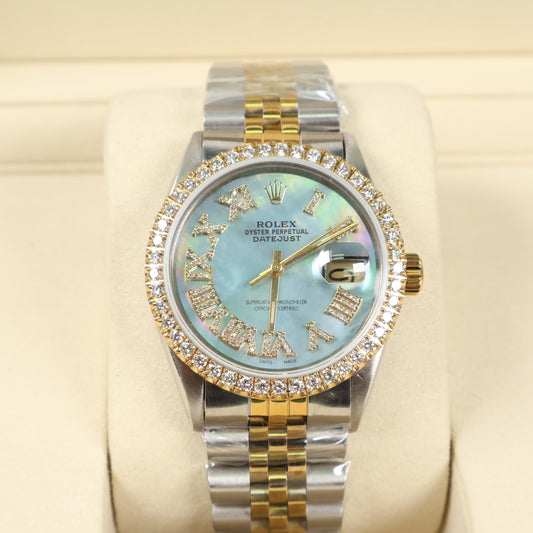 Rolex Datejust MOP Cyan Dia Dial Roman Numbers - Diamond Bezel Ref 16013 Watch / 36mm /