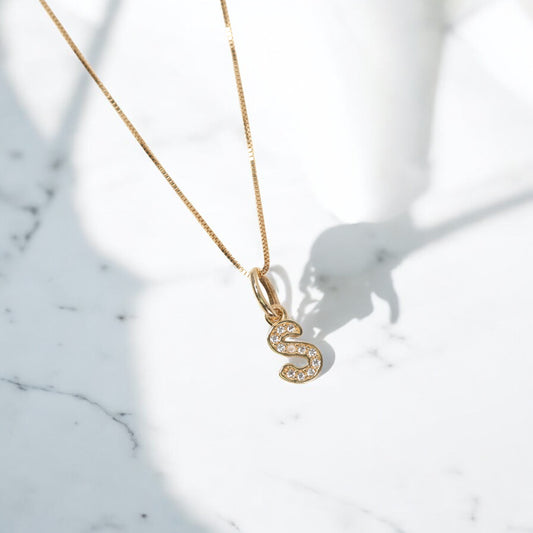 18K Yellow Gold Letter S Italics-Chain Box Link Jewelry Set With Zircons / 2.05gr / 0.6mm / 15.5in