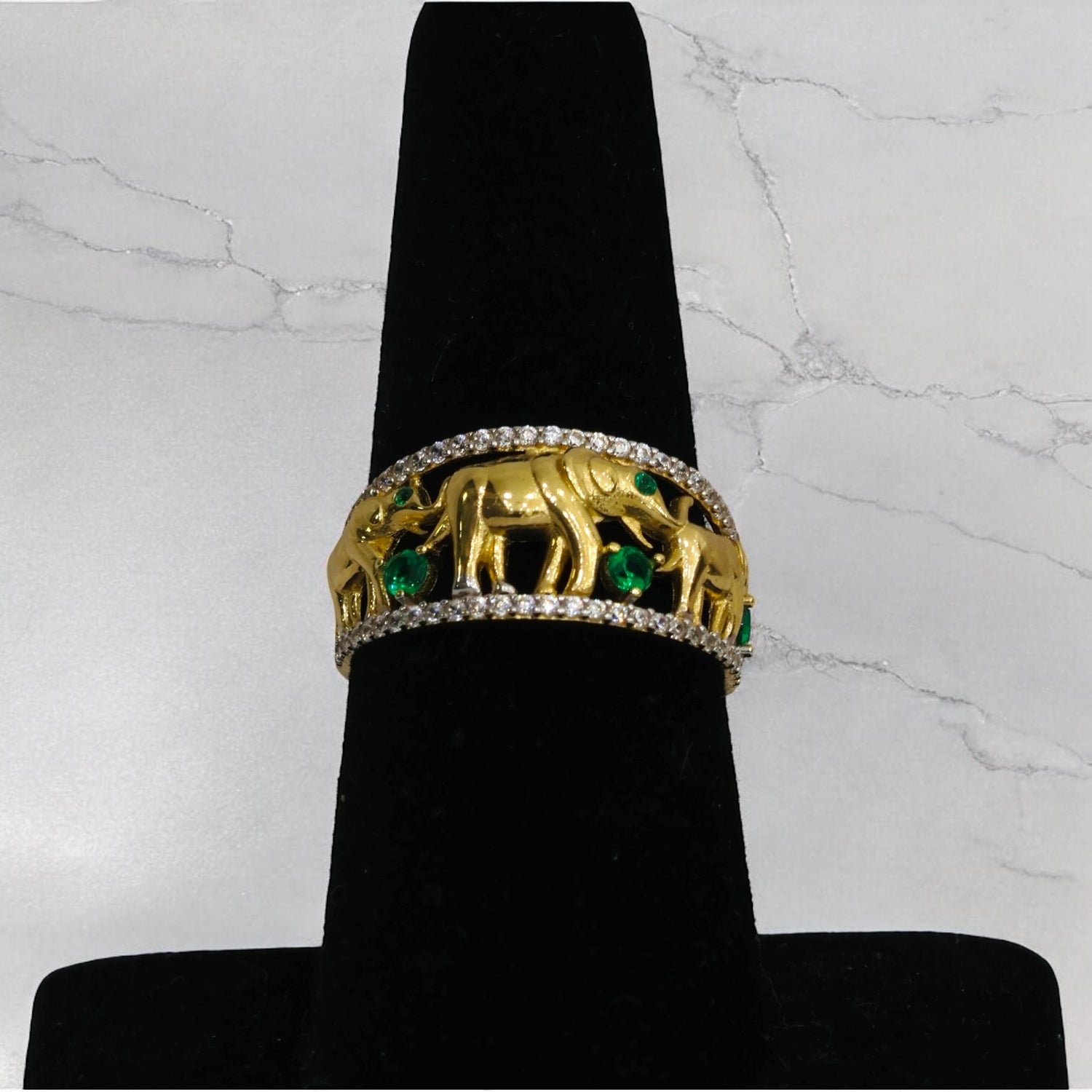 14K Yellow Gold Elephant Greenstone Ring With Zirconia / 3.3gr / Size 7.5