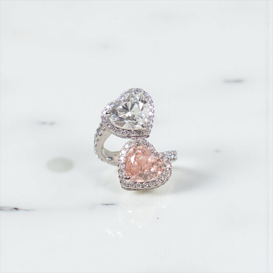 14K WG Lab Diamond Double Heart Rings / 7.68gr / Sz 6 1/4 / Lab HT-6.13Ct / Lab D-1.78Ct
