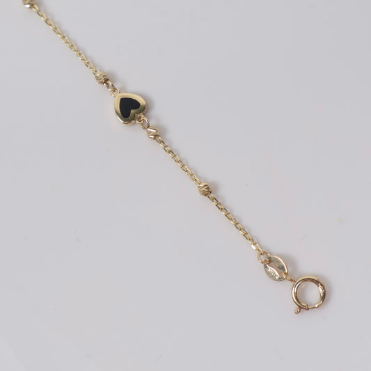 14K YG Black Little Hearts / Diamond Cut Balls Bracelet / 1.3gr / 1mm / 7in /