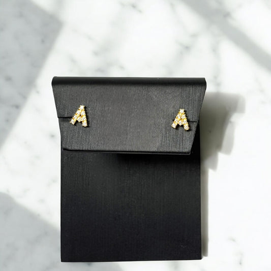 18K Yellow Gold Letter A Stud Earrings With Zircons / 0.7gr / 6mm