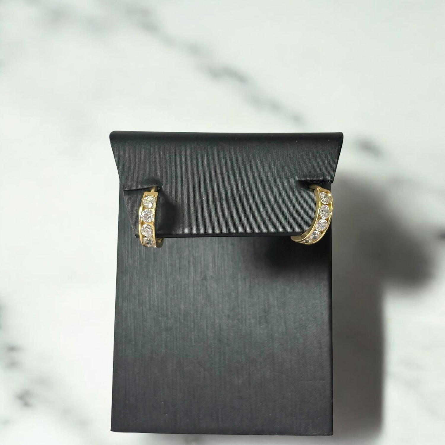 14K Yellow Gold Luxury Huggie Hoop Earrings With White Zircons / 1.2gr