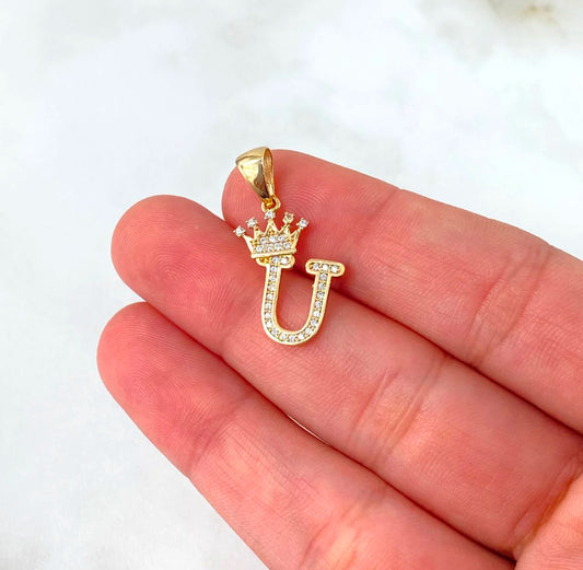 18K Yellow Gold Letter U With Crown Pendant With Zircons / 1.59gr / 1in