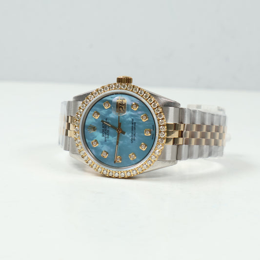 Rolex Datejus Two Tone MOP Tiffany Dia Dial - Diamond Bezel Watch / 36mm / Wt Dia