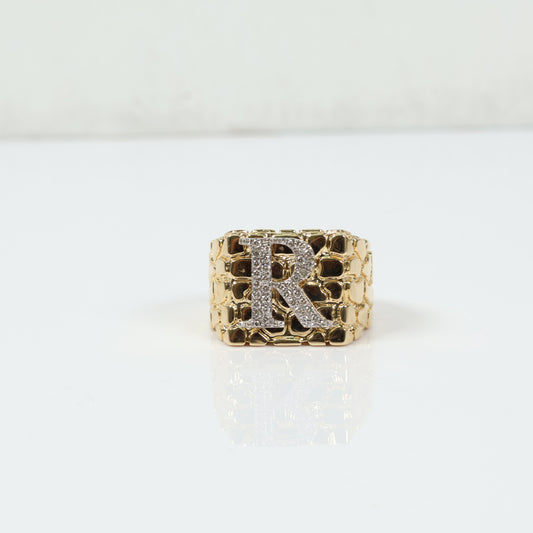 10K Yellow Gold Nugget Letter R Ring 0.52Ct Dia / 13gr / 11