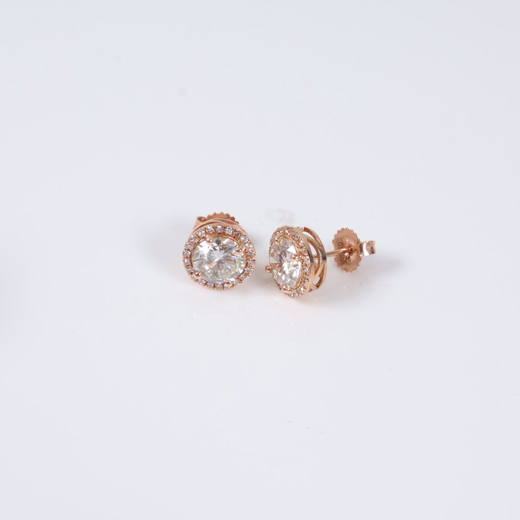 14K RG Lab Diamond Luxury Round Stud Earrings / 3.45gr / 10mm / 3.80Ct Lab / VS / F