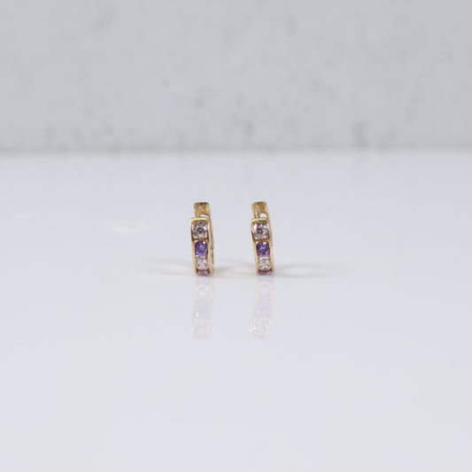 14K Yellow Gold Luxury Huggie Hoop Earrings With Purple Zircons / 0.9gr