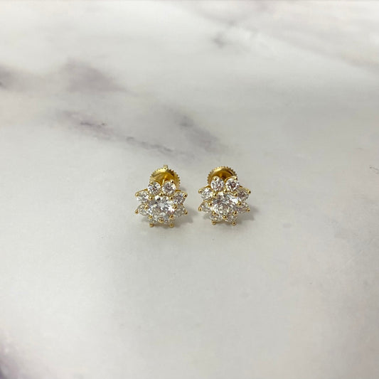 14K Yellow Gold Lab Diamond Flower Petal Stud Earrings 2Ct Lab Dia Vs / 2gr / 10mm