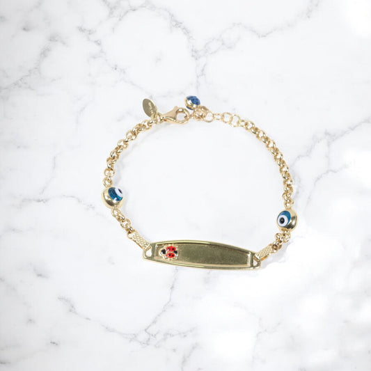 14K Yellow Gold Baby Name Evil Eye Id Roll-On Bracelet With Blue Zircons / 2.8gr / 3mm / 6in
