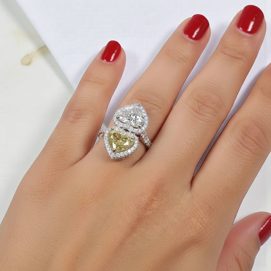 14K WG Lab Diamond Double Heart With Certificate Rings / 7.54gr / Sz 6 1/4 / Lab HT-6.4Ct / Lab D-1.81Ct