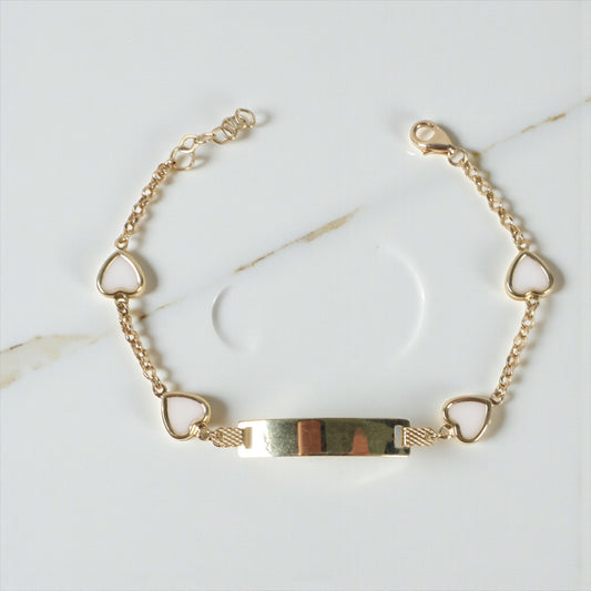 14K YG Baby Roll-on Name Plate With White Heart Bracelet / 2.67gr / 2mm / 6in /
