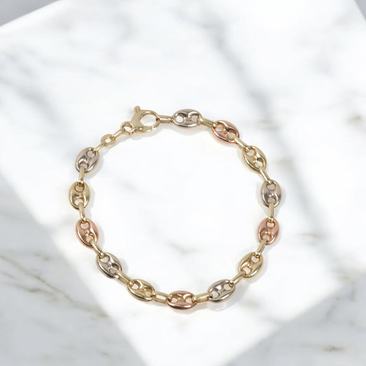 14K 3 Tone Gc Link Bracelet / 9.43gr / 7.3mm / 8in /