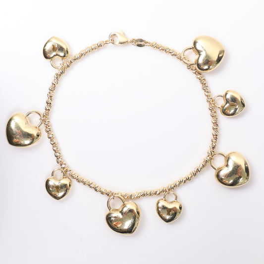 14K YG Military Balls Diamond Cut With Lock Hearts Bracelet / 8.4gr / 2.5mm / 7.5in /