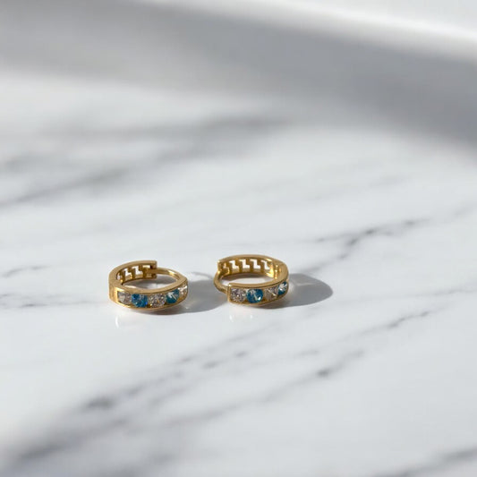 14K Yellow Gold Luxury Huggie Hoop Earrings With Sky Blue Zircons / 1gr