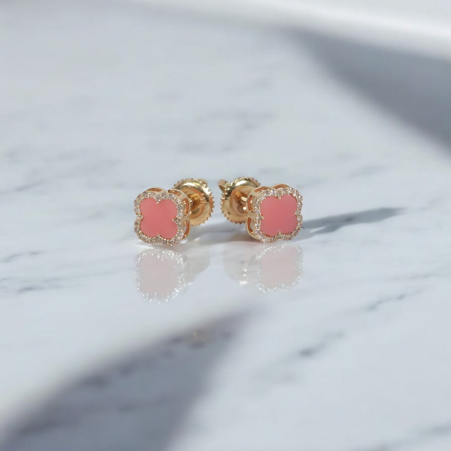 14K YG Pink Clover Stud Earrings / 1.26gr / 8mm / 0.18Ct Dia