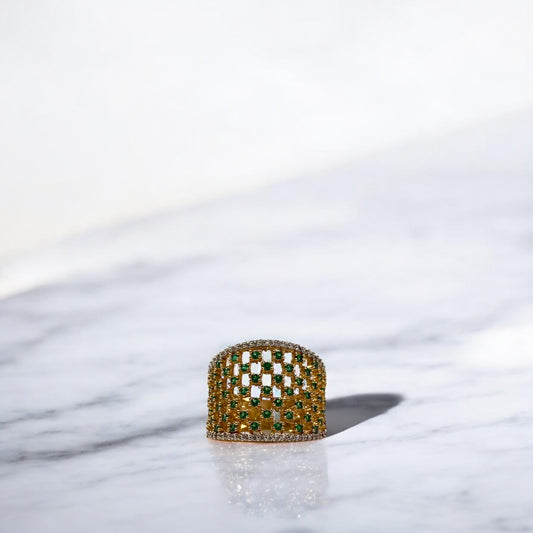 18K Yellow Gold Green Mesh Ring With Zircons / 5.4gr / Size 7 1/4