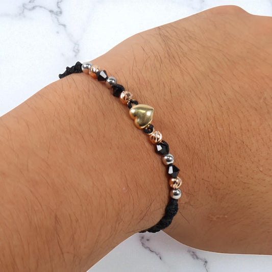 18K 3 Tone Heart-Diamond cut-Smooth balls Bracelet Tejido / 1.23gr / Adjustable /
