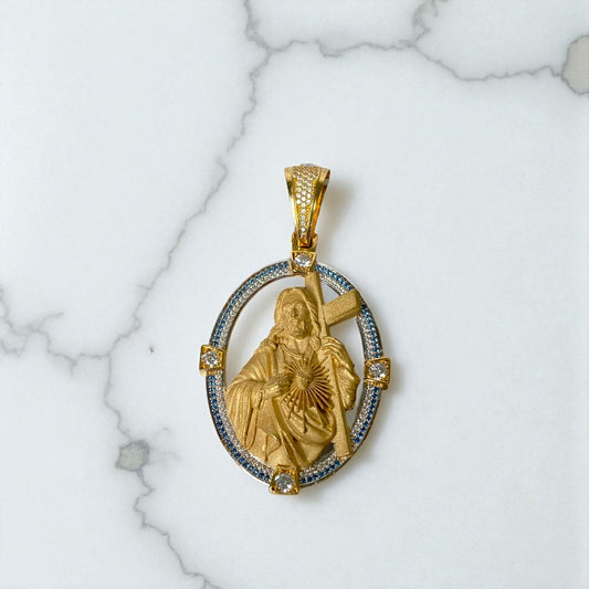 18K Yellow Gold Sacred Heart Of Jesus Pendant With Blue/White Zircons / 20.8gr / 2.6in