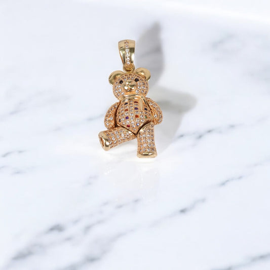 18K Yellow Gold Articulate Bear Pendant With Color Zircons / 8.9gr