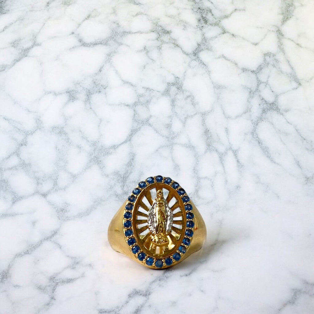 18K Yellow - White Gold Virgen Guadalupe Ring With Zircons / 6.3gr / Size 6 1/4