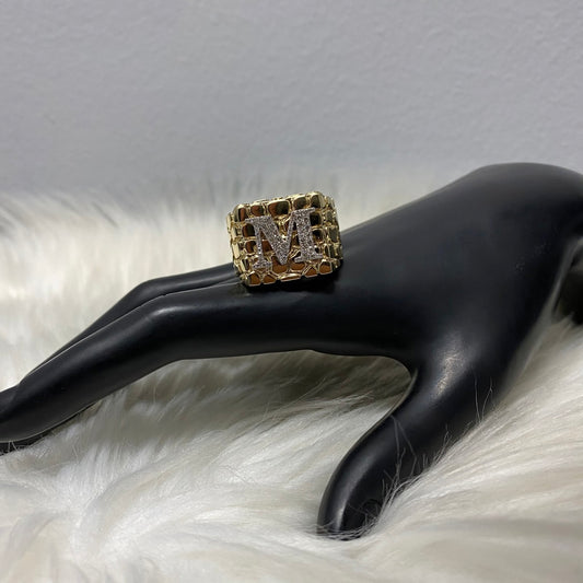 10K Yellow Gold Nugget Letter M Ring 0.47Ct Dia / 13gr / Size 11