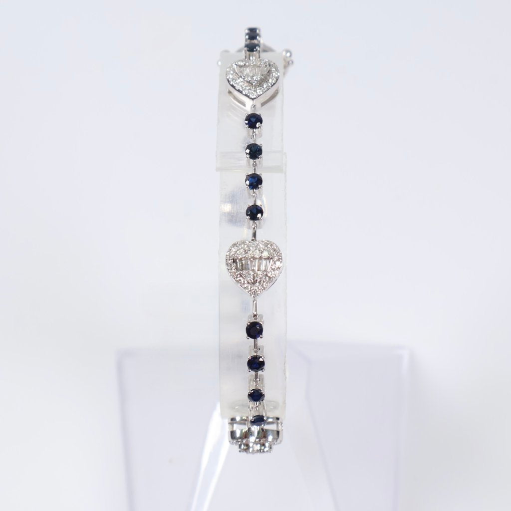 14K WG Diamond Heart With Sapphire Bracelet / 12.2gr / 2.5mm / 7in / 1.15Ct / VS2-SI / G-H / 1.00Ct Sapp