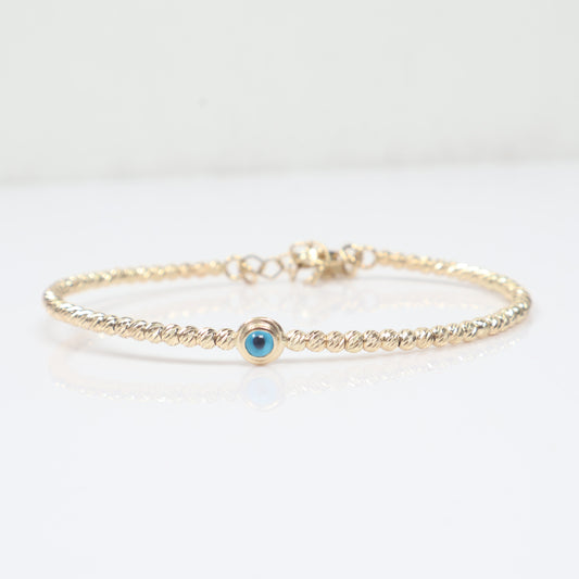 14K YG Diamond Cut Balls - Blue Turkis Eye Bracelet / 4.9gr / Sz 7 1/4 /