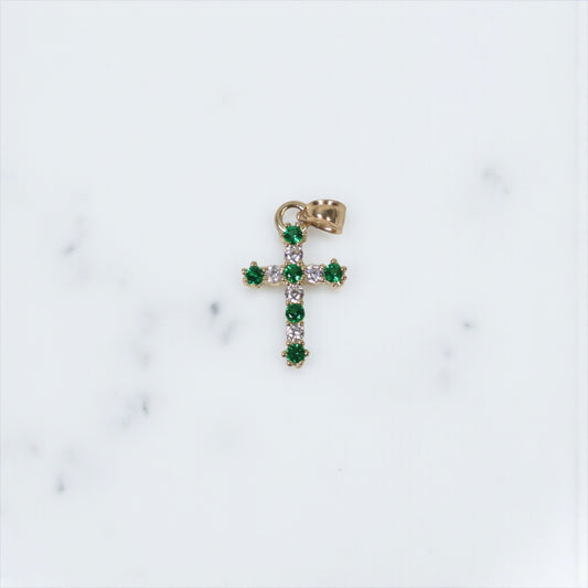 10K YG Cross Pendant / 1.1gr / 0.8in / With Green- Zircons