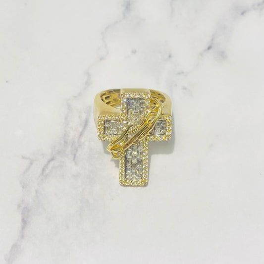 10K Yellow Gold Diamond Spines Cross Ring 1.86Ct Dia / 13.64gr / Size 9.5