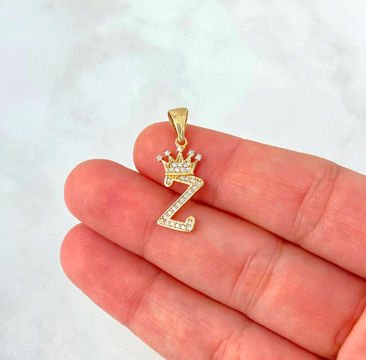 18K Yellow Gold Letter Z With Crown Pendant With Zircons / 1.45gr / 1in