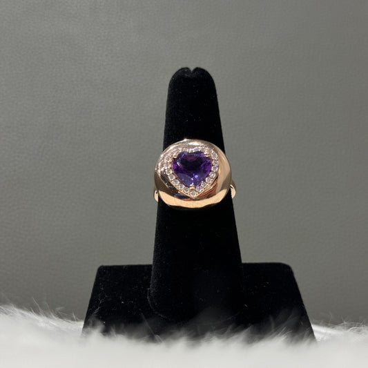 14K Yellow Gold Diamond Heart Ring 0.25Ct Dia / Amethyst / 9gr / Size 7