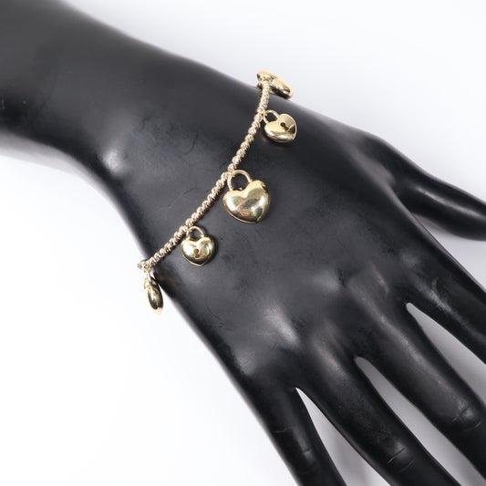14K YG Military Balls Diamond Cut With Lock Hearts Bracelet / 8.4gr / 2.5mm / 7.5in /
