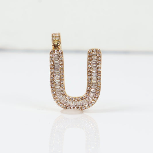 10K YG Diamond Baguette Letter U Pendant / 2.93gr / 0.8in / D-0.65Ct