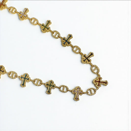 10K Yellow Gold Diamond Crosses Multicolor Chain 7.96Ct Lab Dia / 45gr / 7mm / 22in